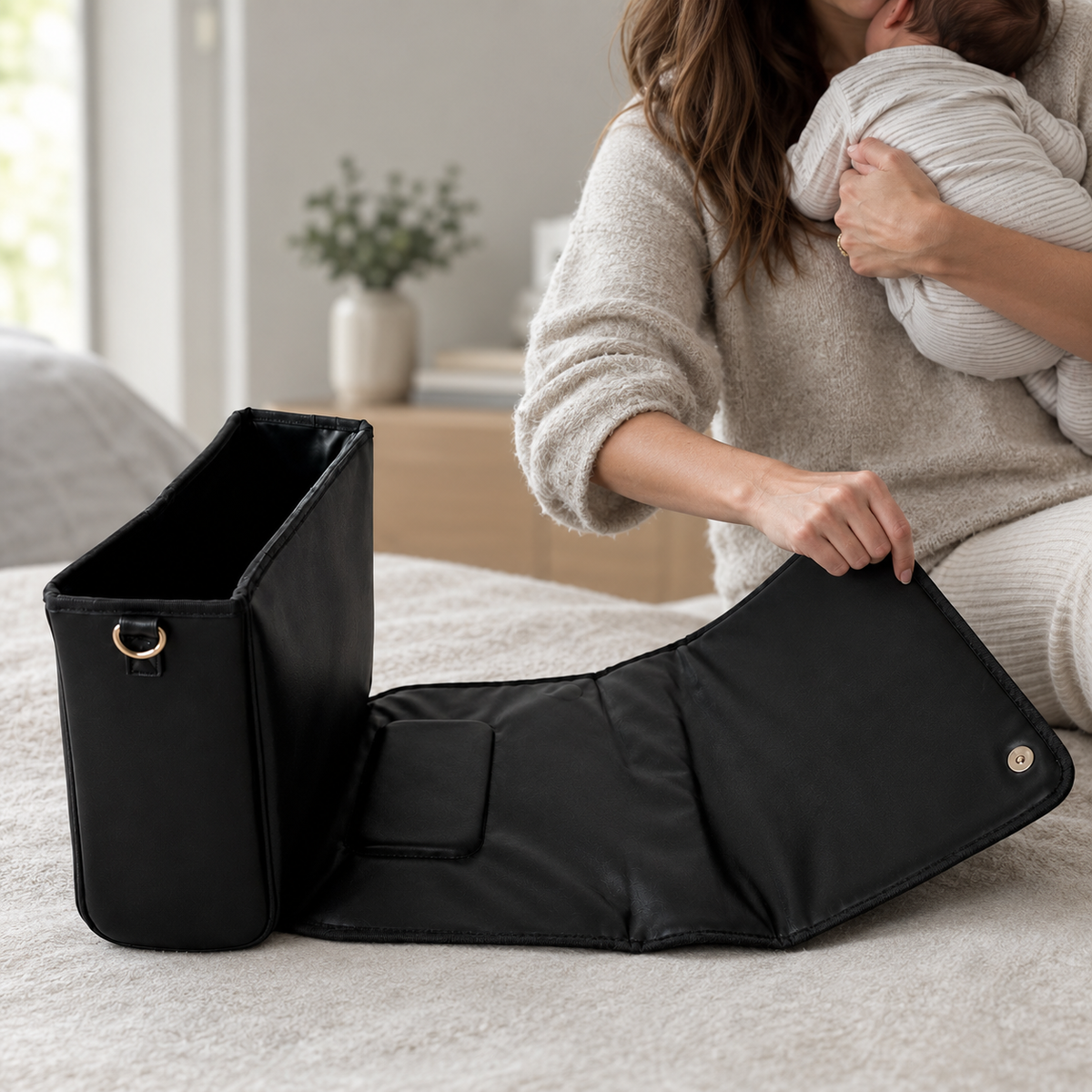 zen3 changing bag opened out into a built-in black memory foam changing bed