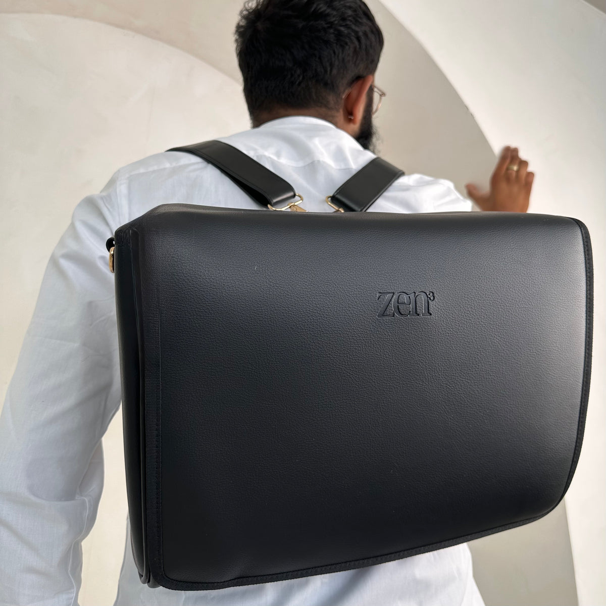 zen3 changing bag being worn as a backpack by dad